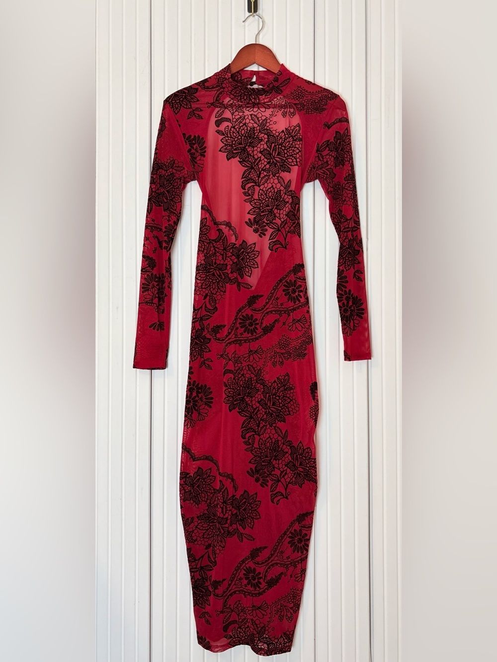 Women’s Whimsigoth Red Sheer Mesh Dress S/M Velvet Burnout Floral Romantic Open